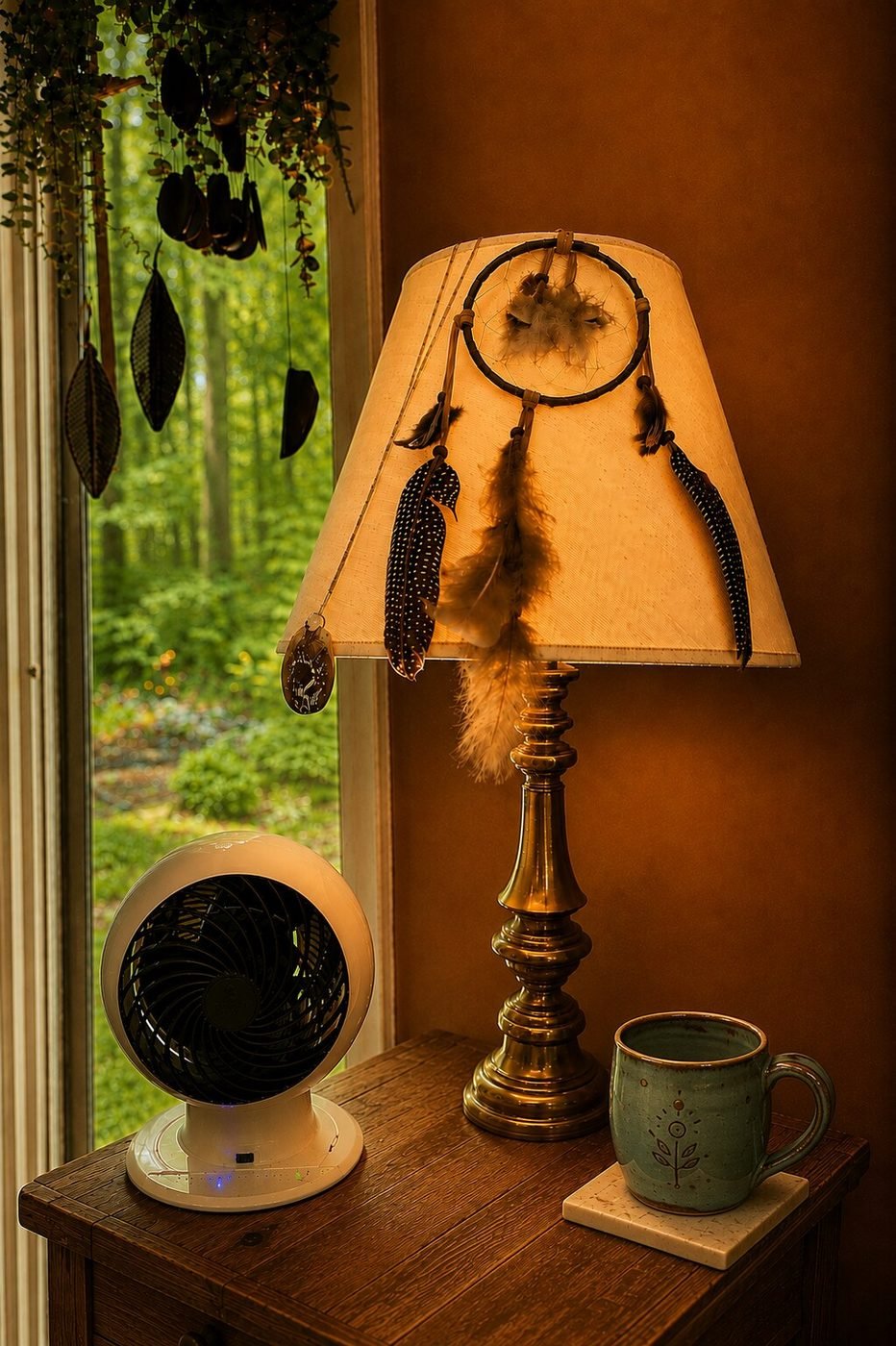 A lamp beside a window looking out toward trees