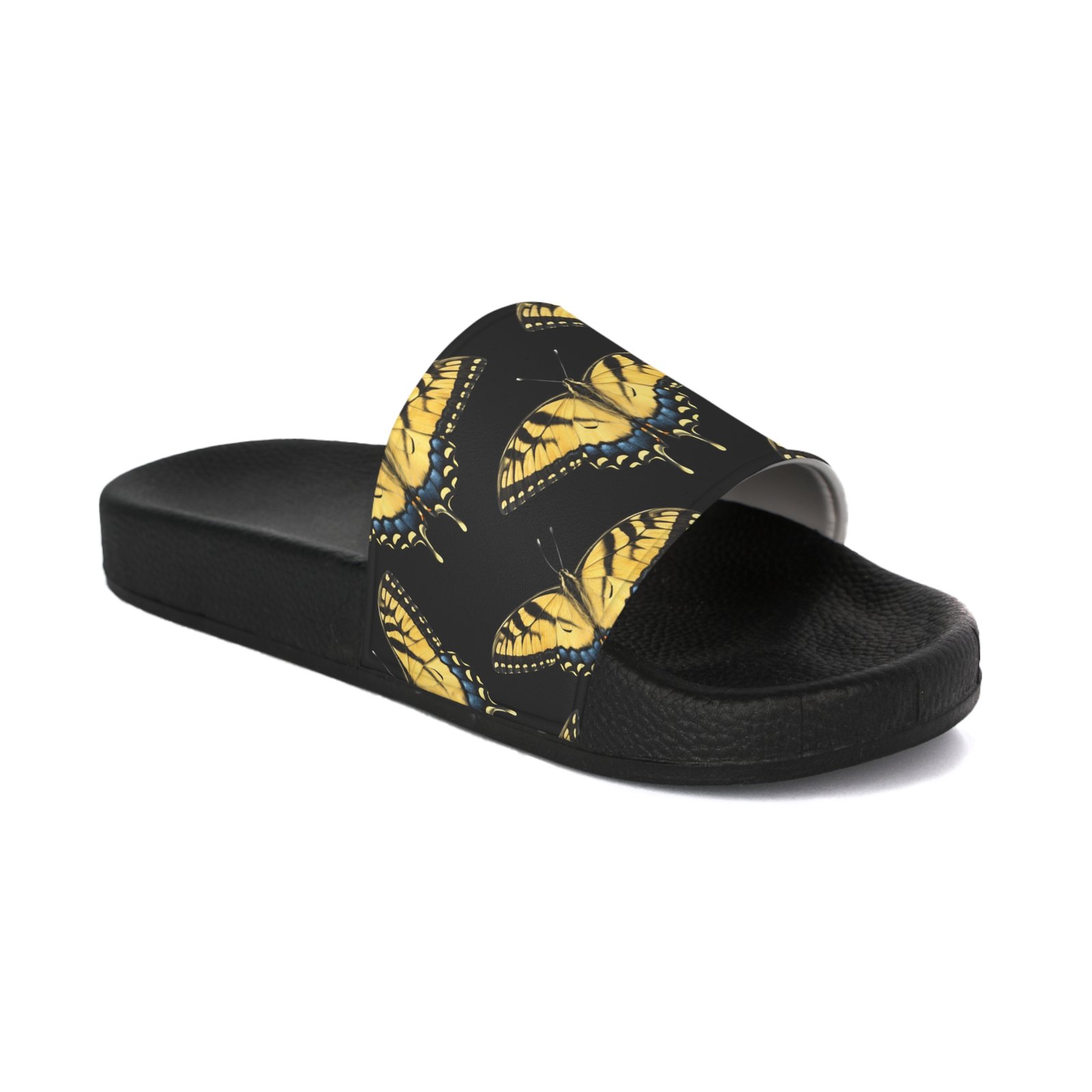 Slide Sandals — Black and Gold Butterfly Print