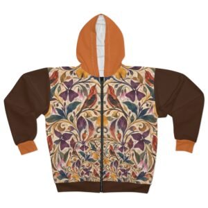Floral Bird Zip Hoodie — Vintage Botanical All-Over Print