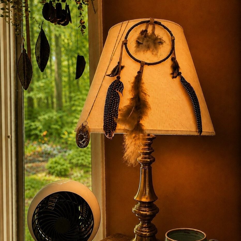 A lamp and a mug on a table beside a window